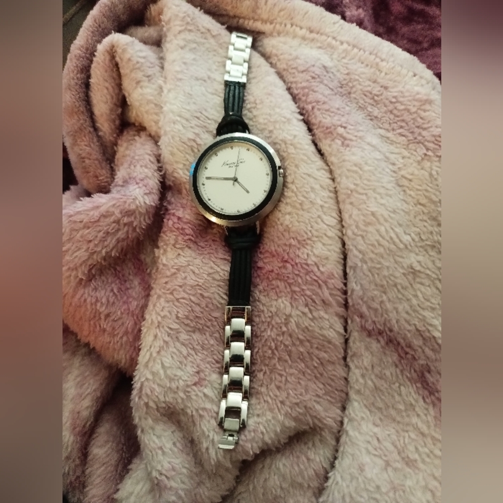 Kenneth Cole black leather twine and silver tone women's wrist watch